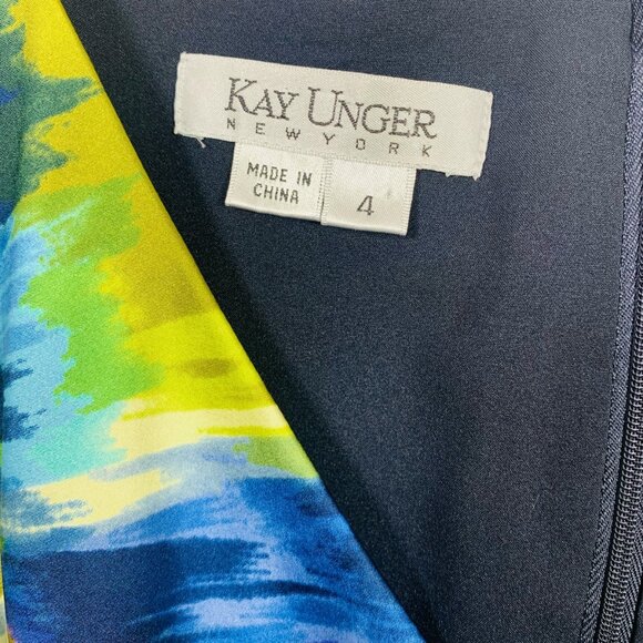 silk cocktail dress watercolor print cinch waist Sheath V-neck sz4 KAY UNGER - Picture 2 of 16